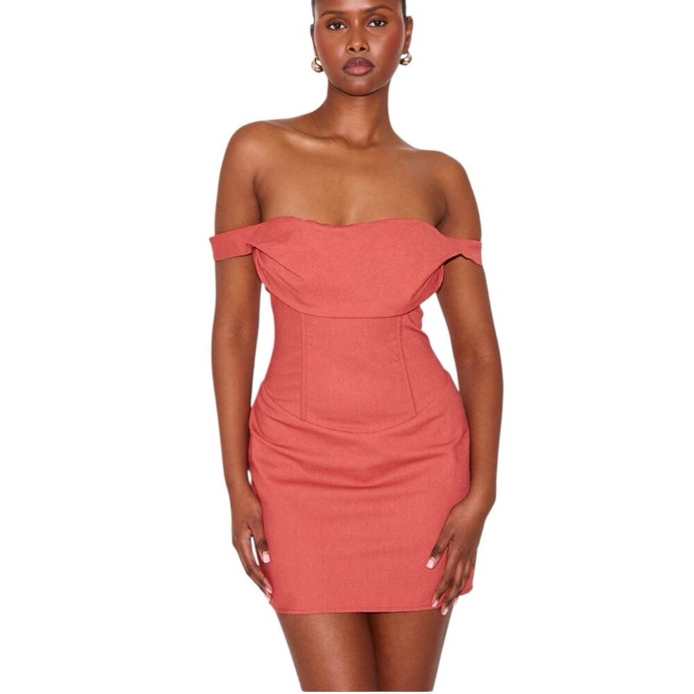 Pretty Little Thing Burnt Orange Linen Look Draped Bardot Corset Bodycon Dress